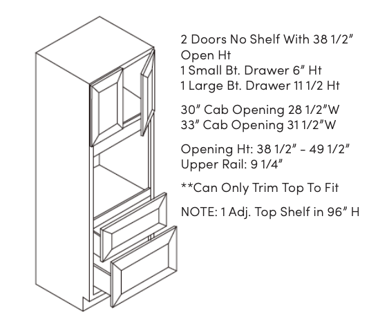 A detailed diagram of a cabinet with dimensions and notes.